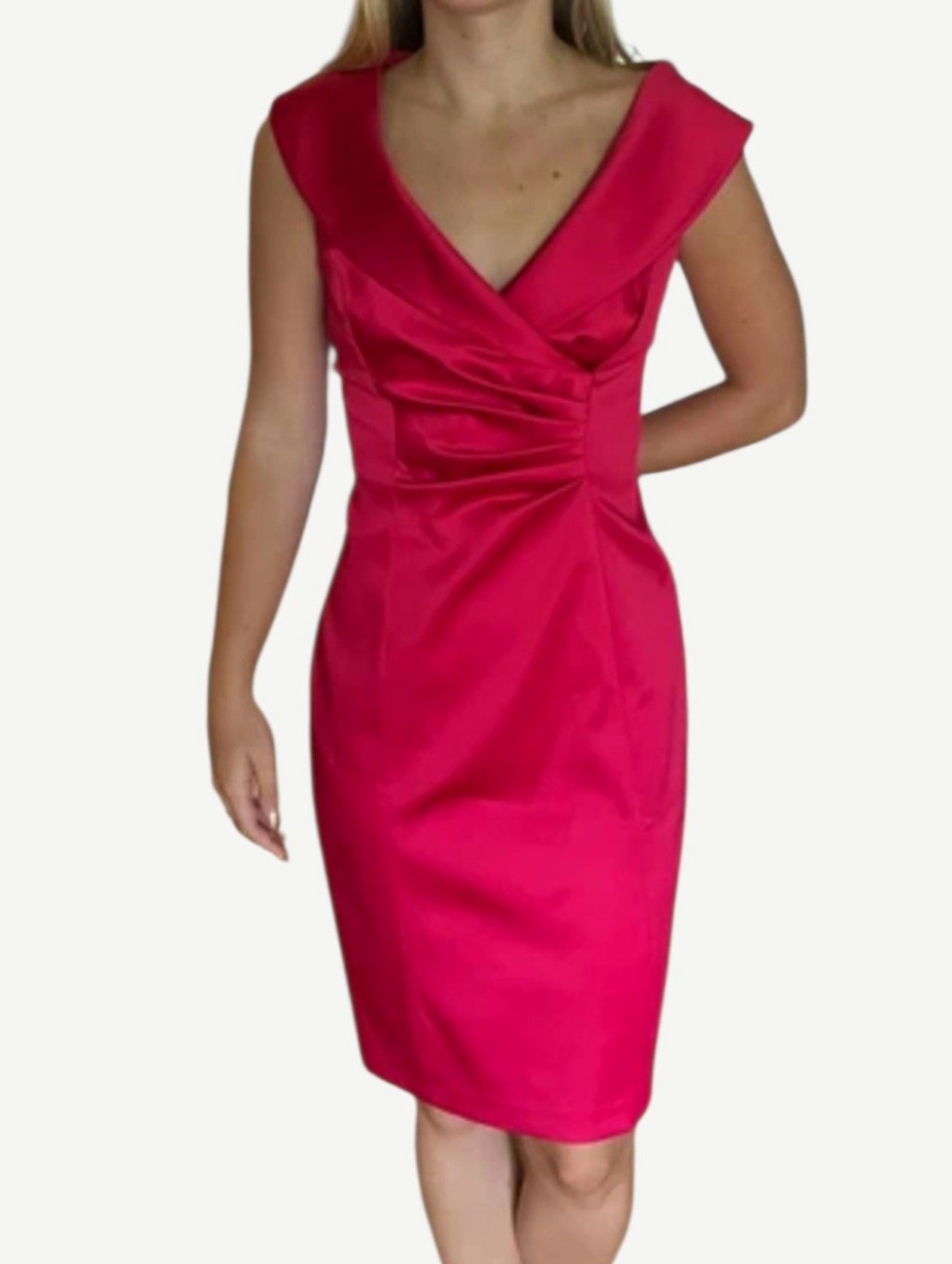 Kay Unger New York Ruffle Dress Fuchsia Midi Sheath Satin Cocktail Party Pink 2